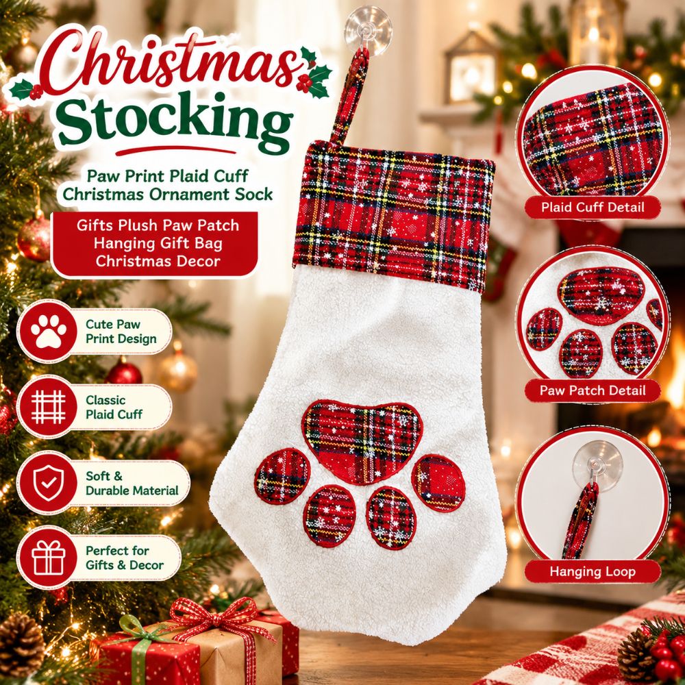 Christmas Stocking Hanging - Xmas Gifts Paw Print Christmas Stocking